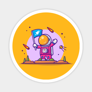 Cute Astronaut Holding Flag On Planet Cartoon Vector Icon Illustration Magnet